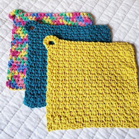 3 Crochet DISHCLOTH WASHCLOTH 100% Cotton Handmade Rainbow Teal Mustard - Picture 10 of 15